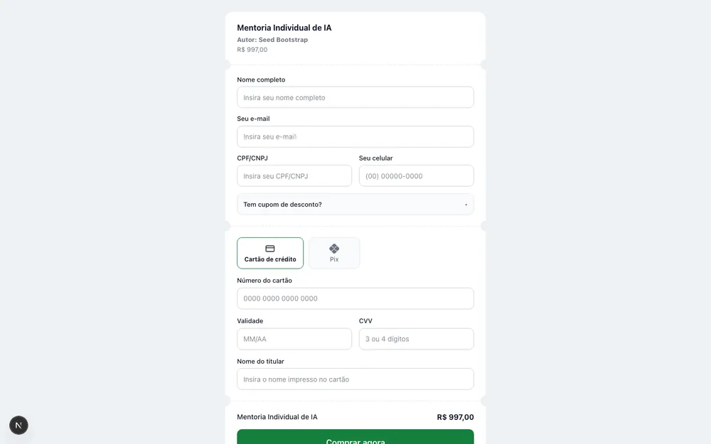 Print do checkout com PIX, cartão e valor visível
